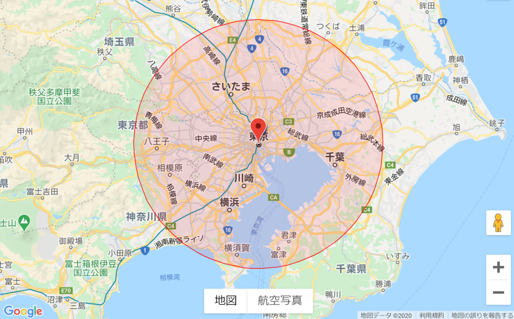 東京駅半径50キロの地図